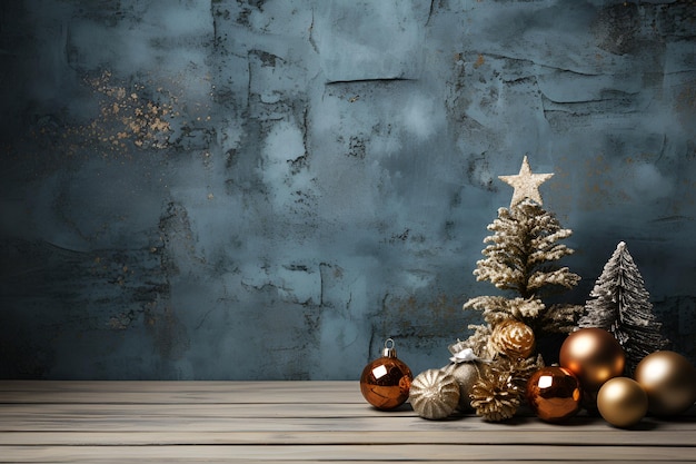 Weihnachtsdekoration auf blauer dunkler Stuckwand Geschenkboxen Generative KI-Illustration