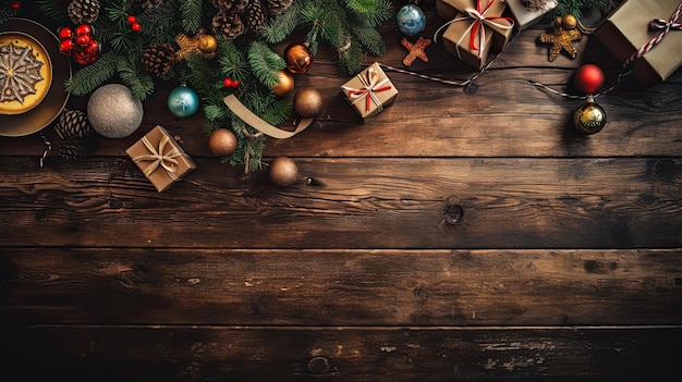 Weihnachtsdekoration auf Holzhintergrund mit Kopierraum, Draufsicht flach liegend