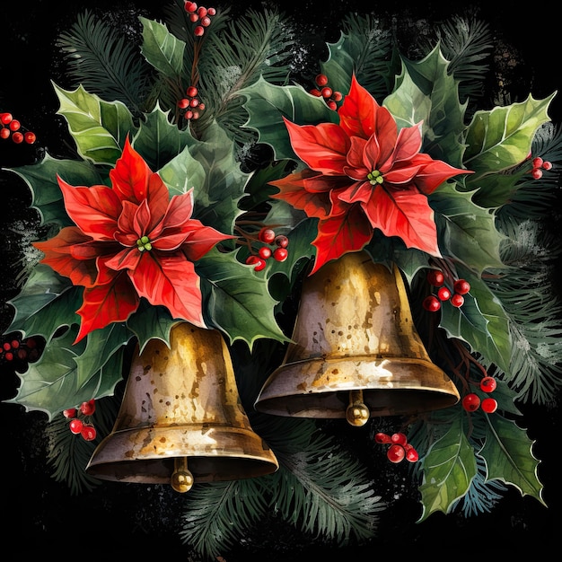 Weihnachtsdekoration auf schwarzem Hintergrund Traditionelle Blumen und Glocken bei Weihnachten Generative KI