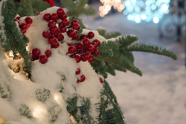 Weihnachtsdekoration draußen im Winter mit Schnee bedeckt.