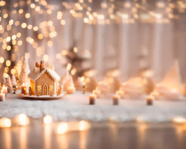 Foto weihnachtsdekoration eines lebkuchenhauses auf weißem hintergrund von defokussierten goldenen lichtern für