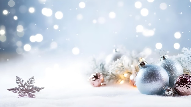 Weihnachtsdekoration im Schnee mit einer blauen Kugel und einem Schneemann im Hintergrund