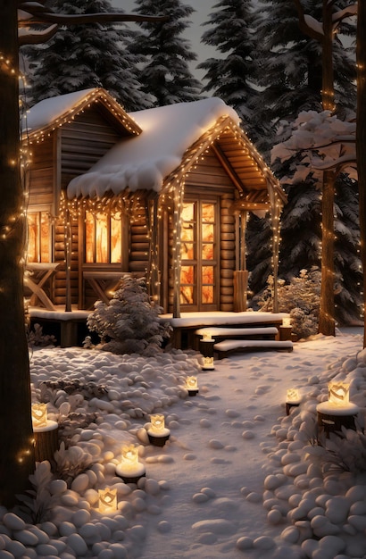 Weihnachtsdekoration im Wald Holzhütte im Winterwald