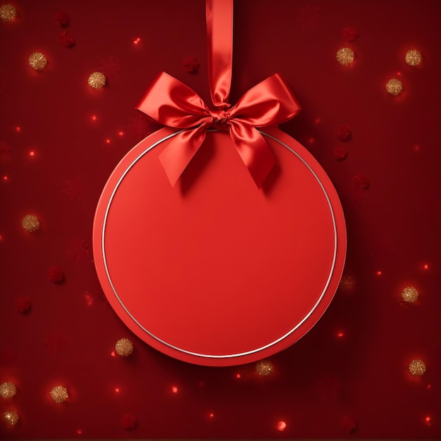 Weihnachtsdekoration, leere rote Schleife, hängend mit rotem Band, isoliert auf dunkelrotem Hintergrund