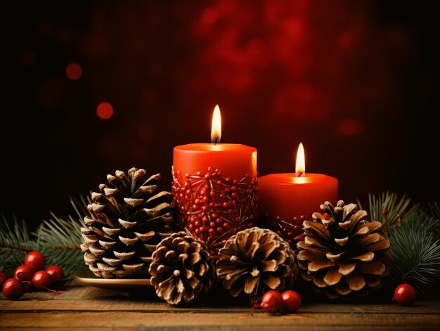 Weihnachtsdekoration mit brennenden Kerzen und Tannenkegel auf einem Holztisch vor rotem Hintergrund