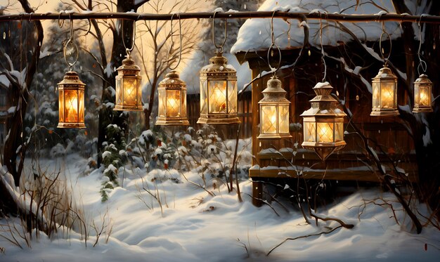 Weihnachtsdekoration mit einer Laterne im Schnee in einem Winterpark mit schönem Bokeh