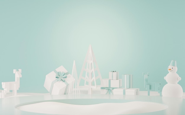 Weihnachtsdekoration mit Geschenken und Kiefernpodest Weißer pastellblauer Hintergrund 3D-Rendering