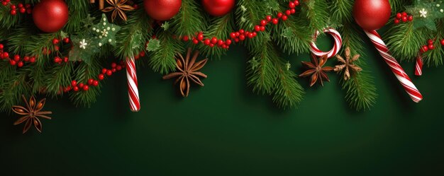 Weihnachtsdekoration mit Tannenzweigen, roten Beeren, grünem Weihnachten-Hintergrund