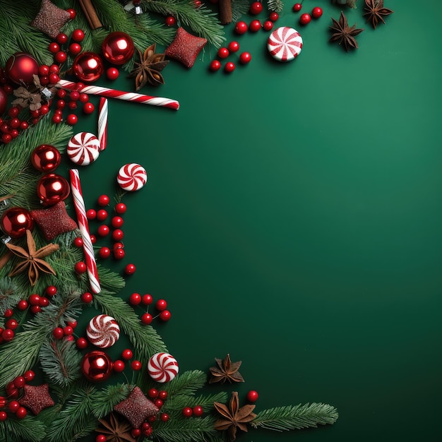 Weihnachtsdekoration mit Tannenzweigen, roten Beeren, grünem Weihnachten-Hintergrund