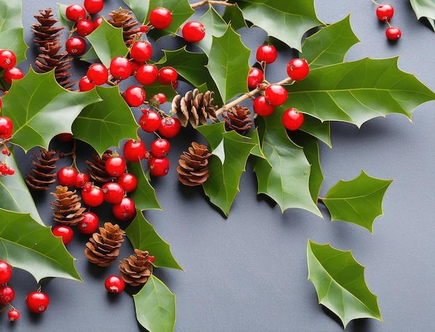 weihnachtsdekoration mit tannenzweigen und stechpalmenbeeren auf hölzernem hintergrund