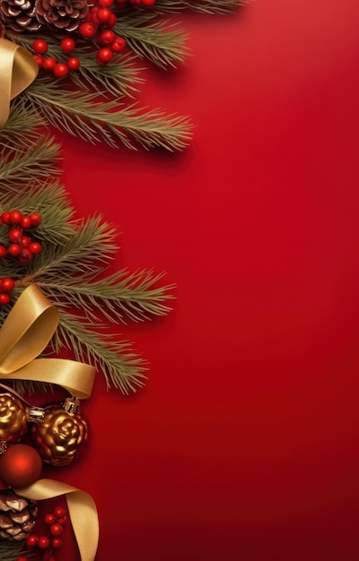 Weihnachtsdekoration mit Weihnachtstannenzweigen mit goldenem Band und rotem Dekorationshintergrund