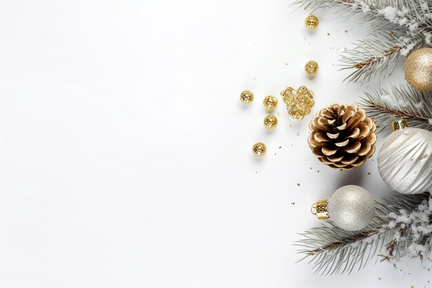 Weihnachtsdekoration mit Zweigen und Ornamenten auf weißem Hintergrund, Kopierraum