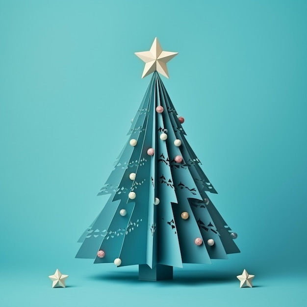 Weihnachtsdekoration, Papierbaum, Clipart, blauer Hintergrund, KI-generierte Kunst