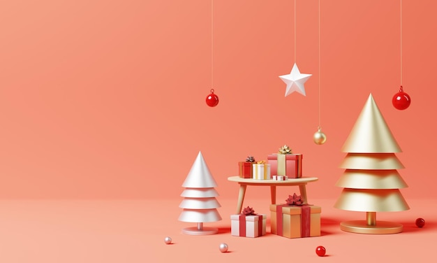 Weihnachtsdekoration und -verzierung mit goldenem und silbernem Weihnachtsbaum und Schneeflocke auf rotem Grund. Ferienfestival und Minimalismus-Objektkonzept. 3D-Darstellungs-Rendering