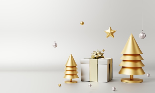 Weihnachtsdekoration und -verzierung mit goldener Sterngeschenkbox des Weihnachtsbaums und Schneeflocke auf silbergrauem Hintergrund. Ferien- und Objektkonzept. 3D-Darstellungs-Rendering