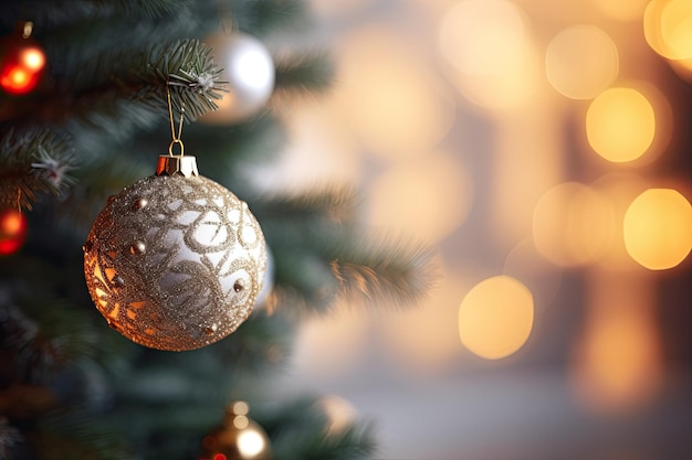 Weihnachtsdekorationen auf einem weihnachtsbaumzweig über verschwommenem glänzendem Bokeh-Hintergrund Raum für Text Kopierraum Generativer KI-Inhalt