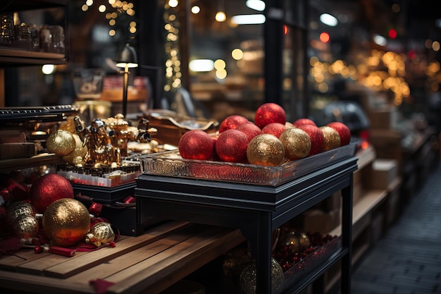 Weihnachtsdekorationen in Geschäften in der Nähe des Weihnachtenbaums