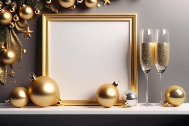 Weihnachtsdekorationen mit Goldkugeln auf weißem Hintergrund Weihnachtsdekorationen mit Goldkugeln