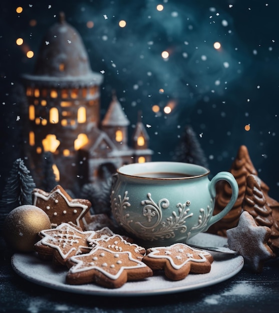 Weihnachtsdekorationen mit Lebkuchen und einer Tasse Kaffee