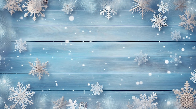 Weihnachtsdekorationen weiße und goldene Schneeflocken auf rustikalen blauen Holzplanken