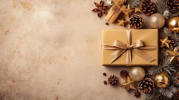 Weihnachtsdekorationskomposition auf hellgoldenem Hintergrund mit schöner goldener Geschenkbox