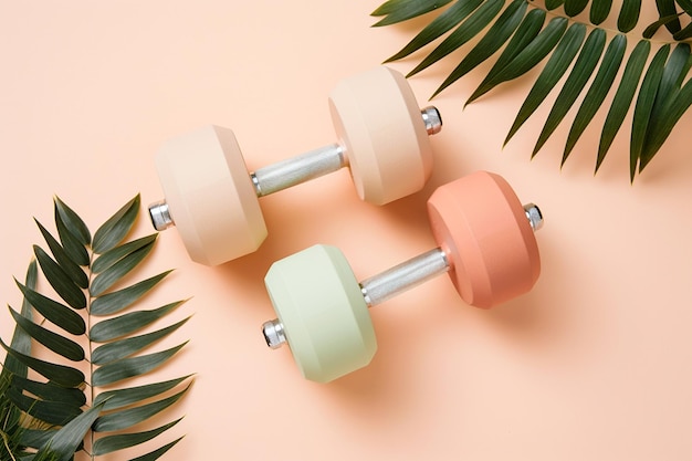 Weihnachtsdumbbells platten mit Palmblättern Neues Jahr neues Sie Konzept des Sports Winterverkaufszeit gesunder Lebensstil Fitnessstudio Training und Sporttraining Übungsgeräte Neujahrsvorsätze