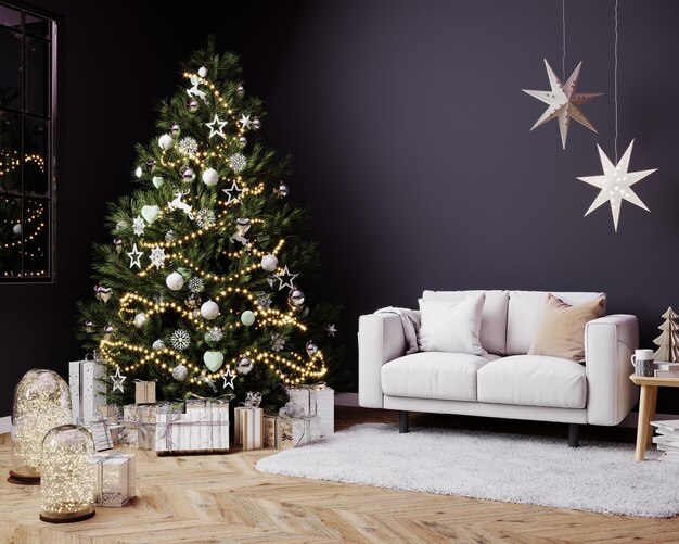 Weihnachtsdunkel Wohnzimmerinterieur im skandinavischen Stil Weihnachtsbaum mit Geschenkkisten und funkelndem weißen Sofa an der Wand Mockup 3d-Render