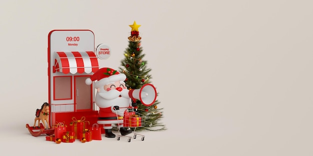 Weihnachtseinkäufe online auf mobilem Konzept Der Weihnachtsmann schiebt einen Einkaufswagen mit Geschenkbox