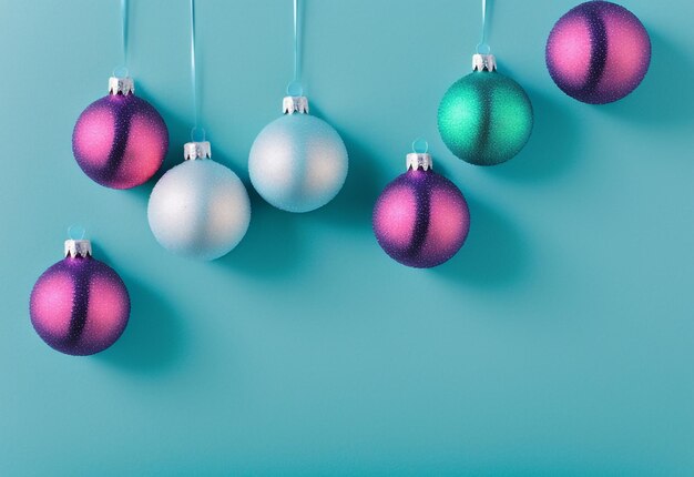 Weihnachtseleganz Bunte Weihnachtskugel-Ornamente hängen auf blauem Hintergrund