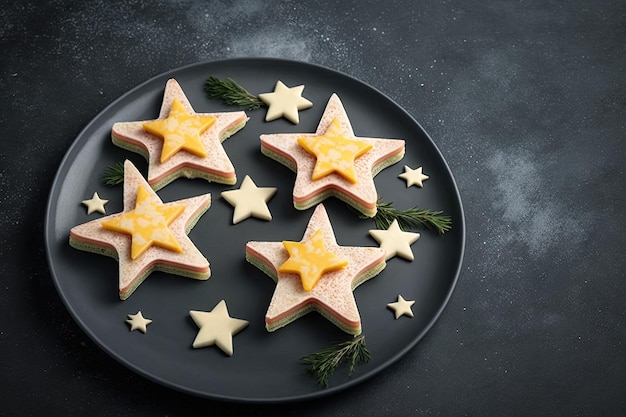 Weihnachtsessen Sternförmige Käse- und Schinkensandwiches auf einem grauen Teller Festliches Essenskonzept