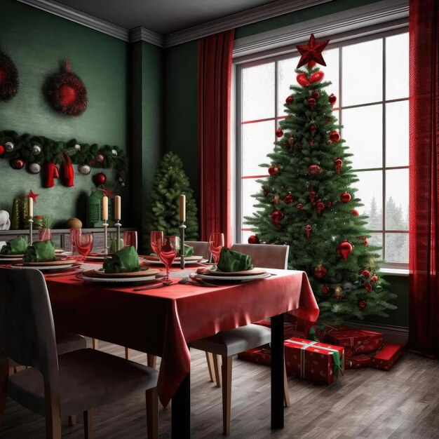 Weihnachtsesszimmer-Interieur mit Weihnachtsbaum und Dekorationen