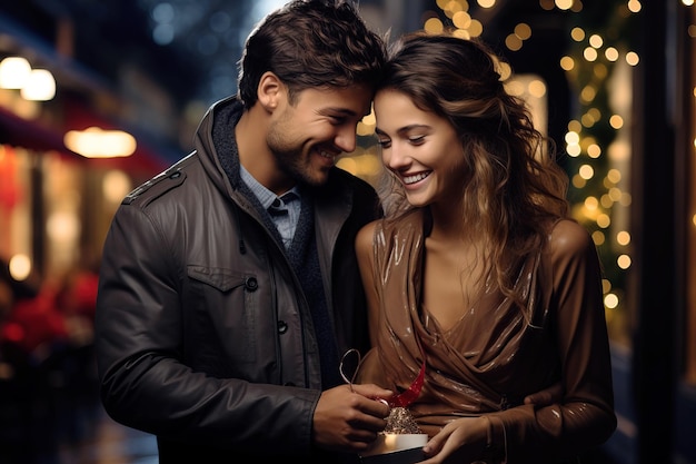 Weihnachtsfeier ein Junge gibt ein Geschenk an ein glückliches Mädchen romantische Beziehungen KI-Generation