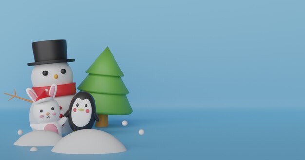 Weihnachtsfeier mit Schneemann, Pinguin und Kaninchen,