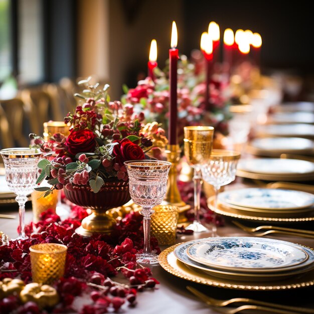 Weihnachtsfeierstisch mit Kerze und Blume