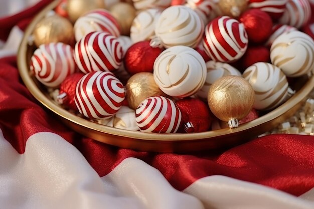 Weihnachtsfeiertage mit vielen glänzenden, unterschiedlichen, unterschiedlichen, runden, gestreiften, rot-weißgoldenen Weihnachtskugeln