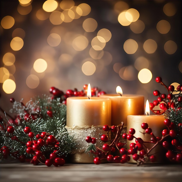 Weihnachtsfeiertags-Goldkerzen mit roten Stechpalmenbeeren, Kiefernbögen, goldenem Bokeh-Lichteffekthintergrund