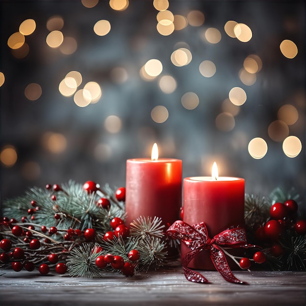 Weihnachtsfeiertags-rote Kerzen mit roten Bändern, Kiefernbögen, Stechpalmenbeeren und Bokeh-Lichthintergrund