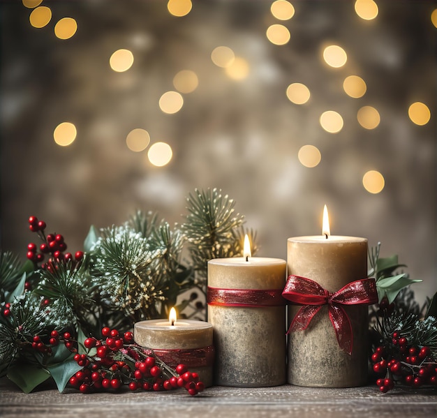 Weihnachtsfeiertagskerzen mit roten Bändern, Stechpalmenbeeren, Schnee und Bokeh-Lichthintergrund