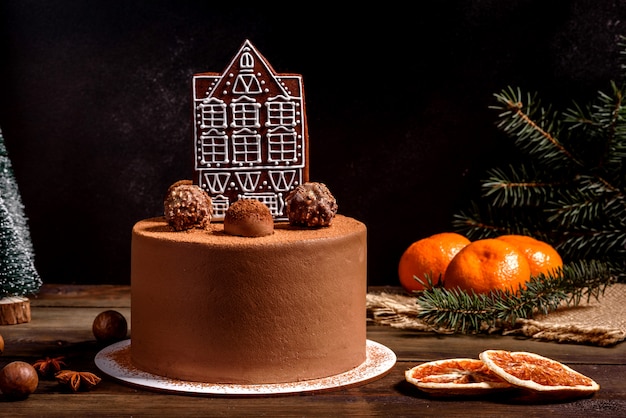 Weihnachtsfeiertagstabelle mit köstlichem Trüffelkuchen und schönen Lebkuchen. Feststimmung am Heiligabend