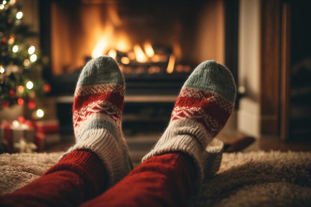 Foto weihnachtsferien, winterzeit, grüßkarte zu hause, füße in wollstrümpfen, kamin im hintergrund.