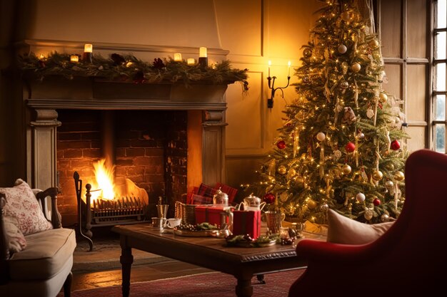 Weihnachtsferiendekoration und Country-Cottage-Stil gemütliche Atmosphäre geschmückt Weihnachtenbaum im englischen Landhaus Wohnzimmer mit Kamin Innendekoration Idee