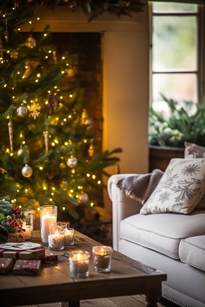 Weihnachtsferiendekoration und Country-Cottage-Stil gemütliche Atmosphäre geschmückt Weihnachtenbaum im englischen Landhaus Wohnzimmer mit Kamin Innendekoration Idee