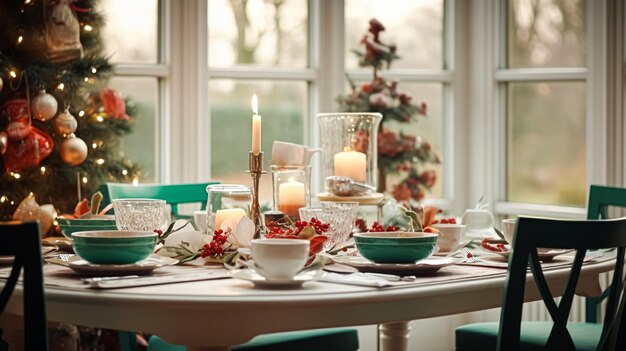 Weihnachtsferienfamilie Frühstück Tischgestaltung Dekor und festliche Tischlandschaft Englisch Country und Home Styling