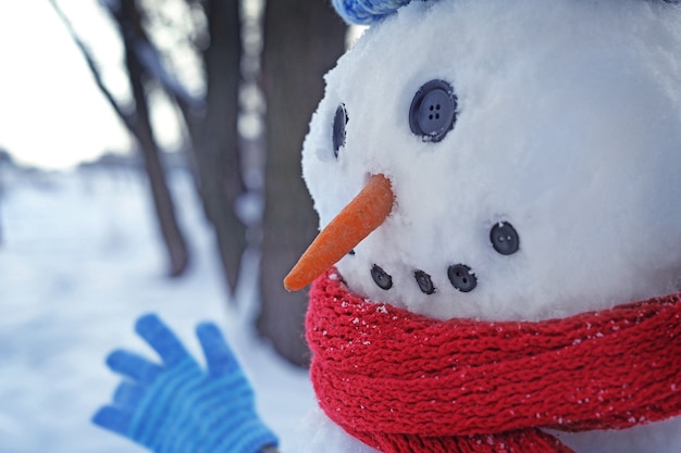 Weihnachtsferienkonzept. Lustiger Schneemann im Winter