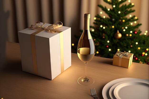 Weihnachtsfest mit Geschenkbox und Wein auf der Tischplatte Hintergrund Weihnachtstapete