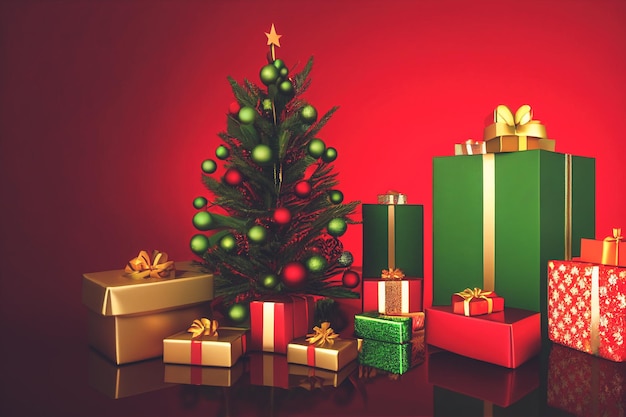 Weihnachtsfestdekoration mit Geschenkboxen, Florband und spektakulärem Weihnachtsbaum zum Verschenken an Familie und Freunde am Weihnachtstag oder Neujahr 2023 mit fröhlicher und fröhlicher 3D-Illustration