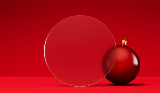 Weihnachtsfestlicher Hintergrund Rote Christbaumschmuck mit einem leeren Milchglasbanner 3D-Rendering