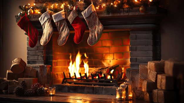 Foto weihnachtsfeuer mit warmem feuer, geschmückt für den feiertag mit socken und geschenken neujahr