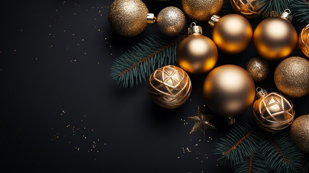 Weihnachtsflach Hintergrund Ballen und Dekor auf dunkel-schwarzem Hintergrund Minimalistisches Design Kopieren des Raumes Horizontal