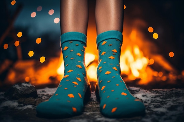 Weihnachtsfrau Socken warm bequem entspannen Kamin rot Haus Winterferien